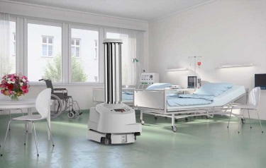 “UVD Robot” by Blue Ocean Robotics drives autonomously and eliminates bacteria and other harmful microorganisms in hospitals (Credit: Blue Ocean Robotics)