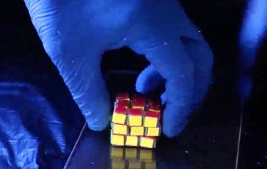 A new Rubik's Cube-like structure made of a self-healing hydrogel might inspire new ways to store information and possibly help patients monitor their medical conditions. (Image courtesy of Xiaofan Ji.)