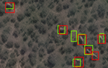 Elephants in woodland as seen from space. Green rectangles show elephants detected by the algorithm, red rectangles show elephants verified by humans. (Credit: Maxar Technologies)