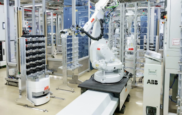 BlueBotics mini mobile robots in operation at ABB’s semiconductor manufacturing plant in Lenzburg, Switzerland. © ABB