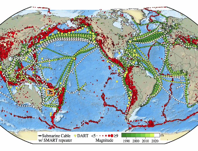 Deep ocean telecommunications cables spanning the globe could host sensors for temperature, pressure, seismic activity etc. Current cables (green); in progress/planned (white); and historic (red). Credit: The University of Hawai‘i (UH) at Manoa. Deep ocean telecommunications cables spanning the globe could host sensors for temperature, pressure, seismic activity etc. Current cables (green); in progress/planned (white); and historic (red). Credit: The University of Hawai‘i (UH) at Manoa.